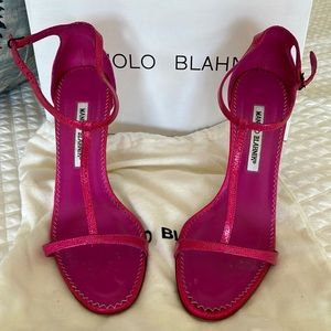 Manolo Blahnik hot pink glitter t-strap heels worn one evening dust cover & box